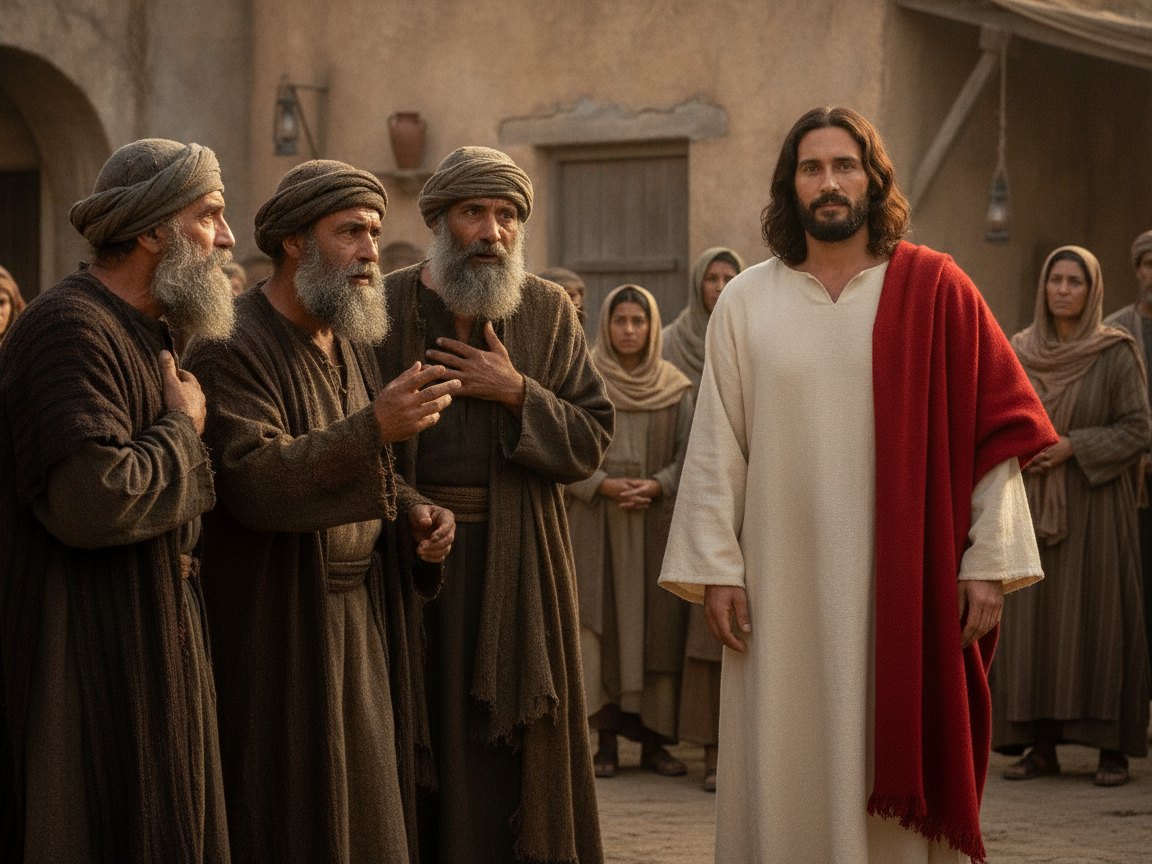 Fariseus murmuram e acusam enquanto Jesus, ao fundo, observa sereno, em cenário da época.