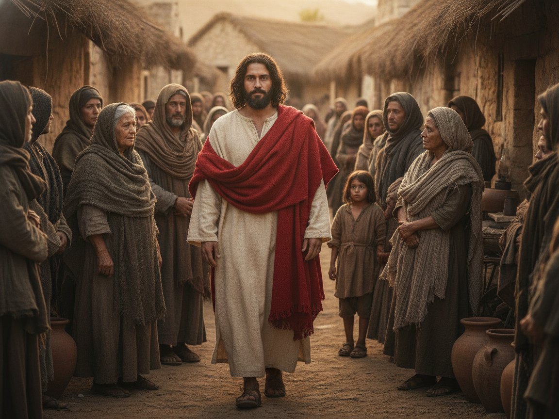 Jesus caminhando entre as casas de uma aldeia, ensinando e cuidando do povo reunido, em cenário da época.