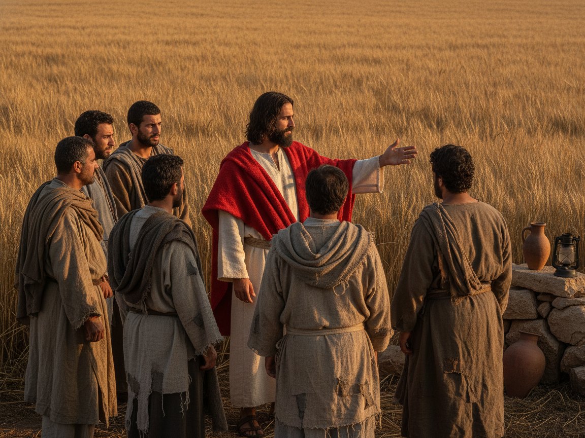 Jesus fala aos discípulos diante de um campo de trigo dourado e maduro ao fundo, em cenário da época.